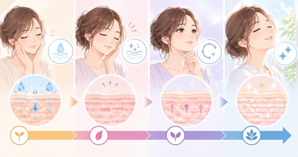 ・使い始めてすぐ
お肌のうるおい、なめらかさ、ベタつかない快適さの実感
・1ヶ月目(1本使用)
乾燥による肌荒れが治まり、お肌のキメが整う
・2〜3ヶ月目
ターンオーバーが周回し、透明感・くすみの変化を実感し始める
・6ヶ月以上
黒ずみの気にならない、クリアで引き締まった理想のVIOへ